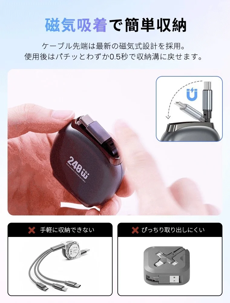 マグネットによるケーブル収納の様子と、他社製品との収納比較