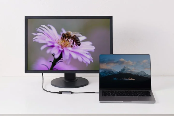 PCとディスプレイが接続され、画面が表示されている様子