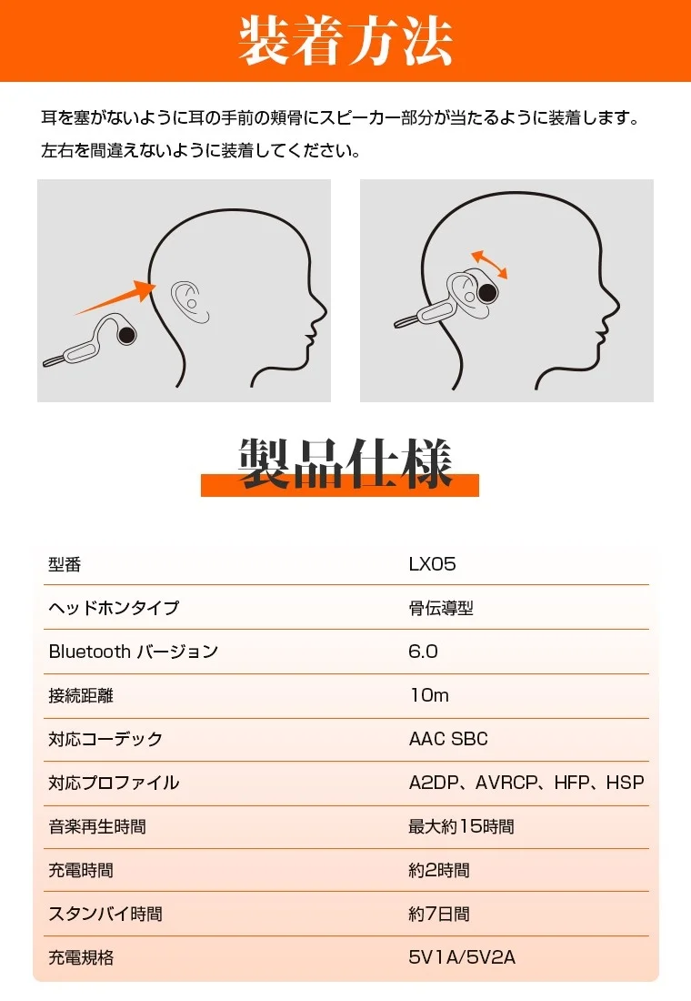 骨伝導イヤホンの正しい装着方法と製品スペック表
