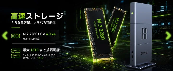 M.2 2280 PCIe 4.0 SSDとストレージ拡張性を示す図