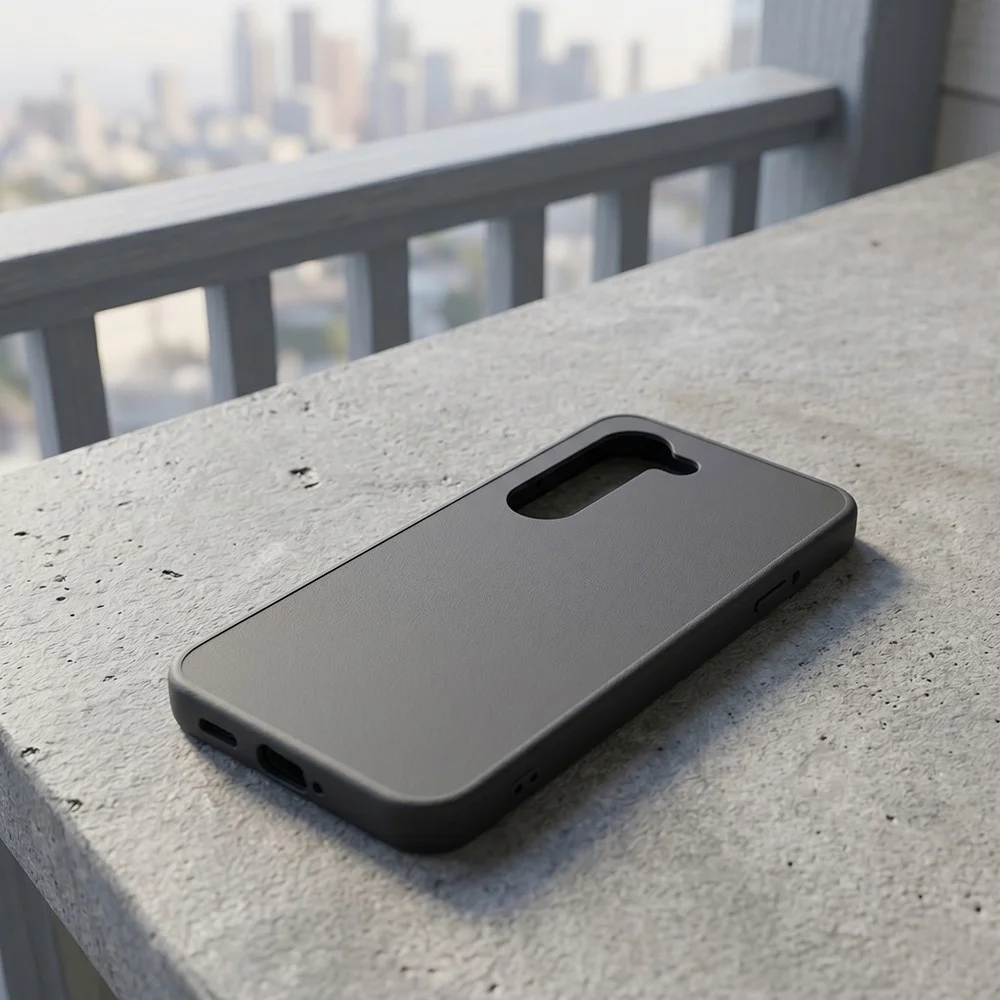 屋外の台座に置かれた黒色のスマートフォンケース