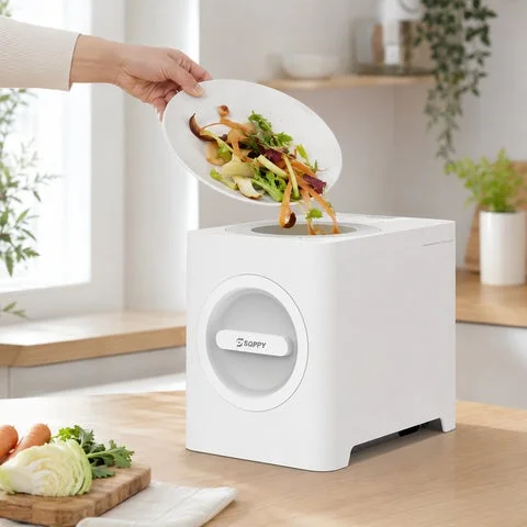生ごみ処理機に皿から生ごみを投入しているシーン