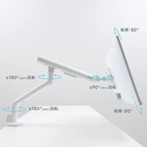 モニターアームの可動域(チルト、画面回転、関節回転)を示す図解