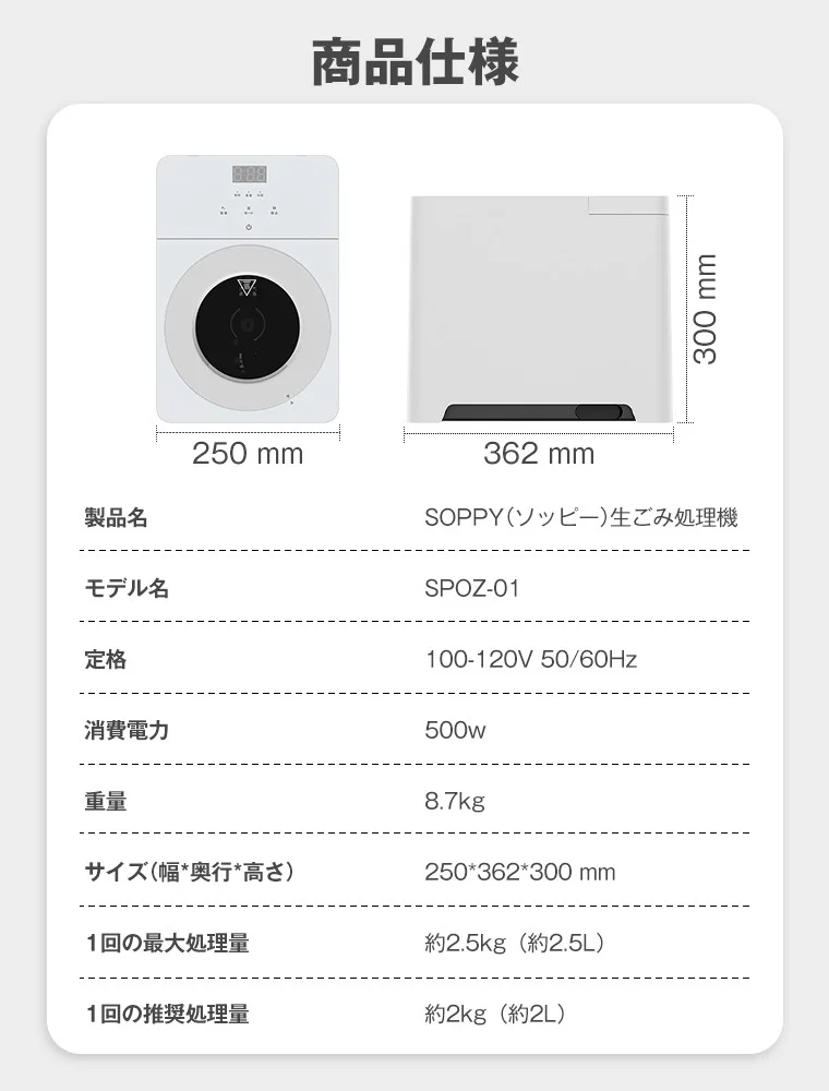 SOPPYの製品サイズと定格、消費電力などのスペック表