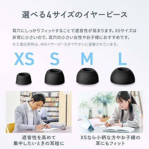 4サイズのイヤーピースと装着イメージ