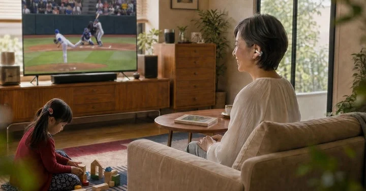 リビングでテレビを見ながらイヤーカフ型集音器を装着している女性
