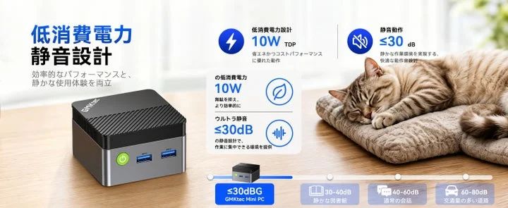 静音性能を示す比較グラフと猫が寝ている静かな環境のイラスト