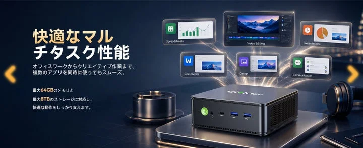 複数の業務アプリが展開された画面とミニPCのイメージ図