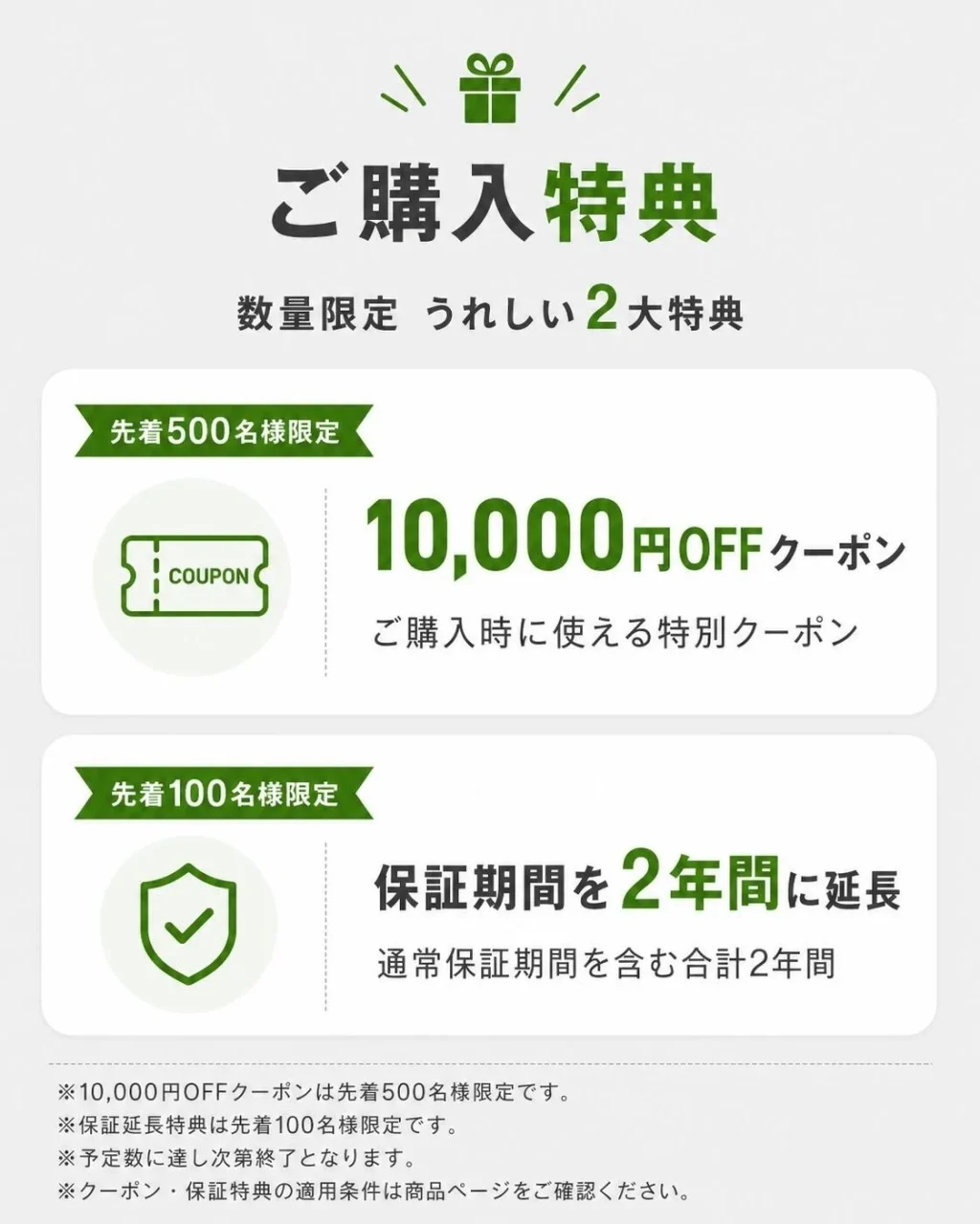 先着順の割引クーポンと保証期間延長の購入特典
