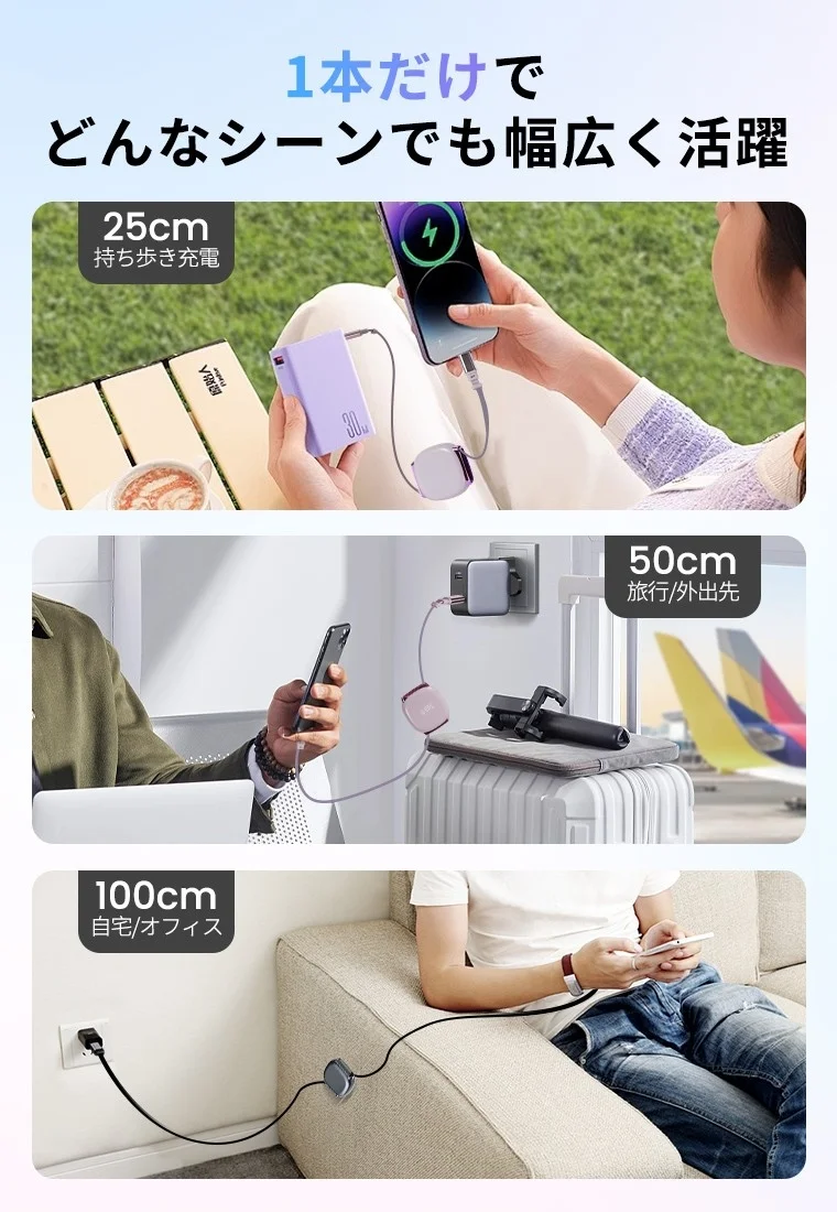 持ち歩き、旅行、オフィスでの各利用シーンと長さの使い分け例