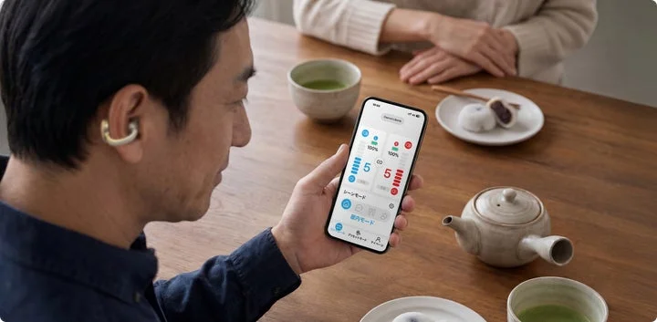 スマートフォンで専用アプリを操作している手元