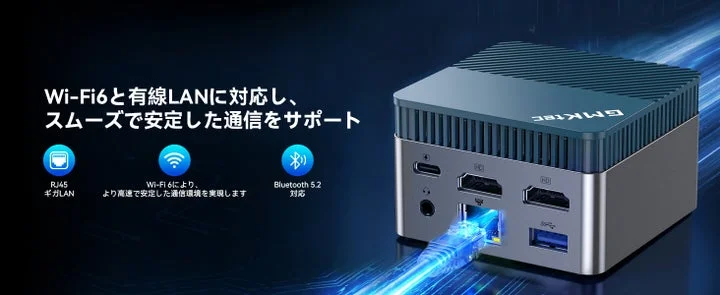 有線LANポートにケーブルを接続したGMKtec G5Sの背面図