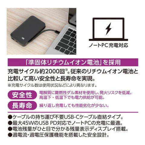 10000mAhモデルの安全性能や充電サイクル、ノートPC対応を解説する図解