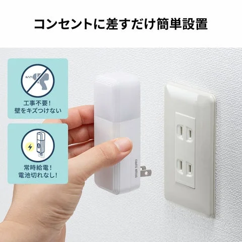 コンセントにナイトライトを差し込む様子と設置メリットの図解