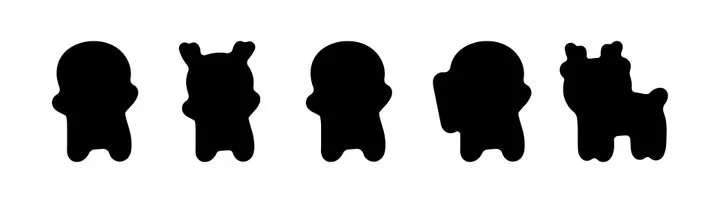 ゆ〜とび氏描き下ろしの謎キャラステッカー5種のシルエット
