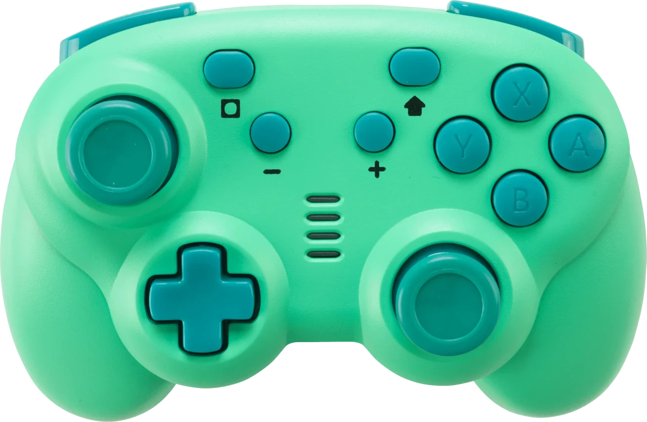 エメラルドカラーの小型ゲームコントローラー正面