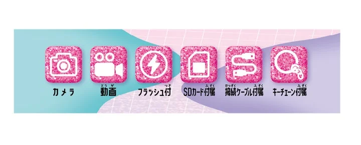 DigiCanの主な機能(カメラ、動画、フラッシュ、SDカード、ケーブル、キーチェーン)を示すアイコ