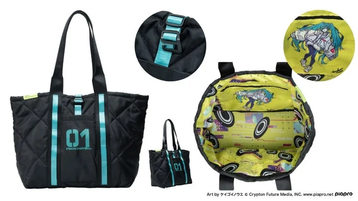 初音ミクコラボのトートバッグの外観と内部、バックル詳細
