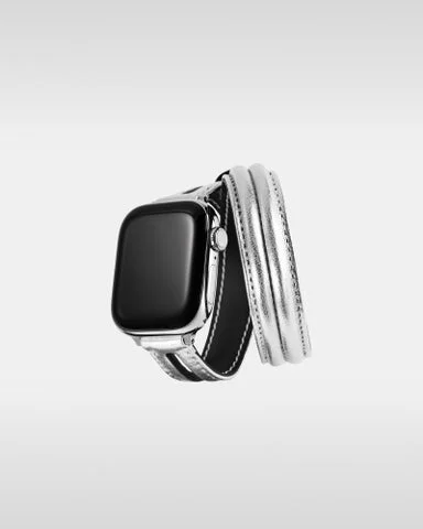 シルバーのレザーハイブリッドダブルラップバンド製品単体
