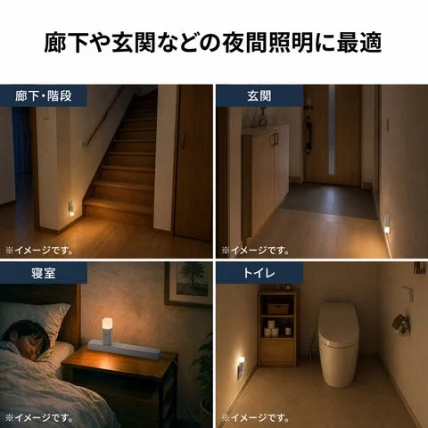 廊下、玄関、寝室、トイレでの使用例を示すイメージ図