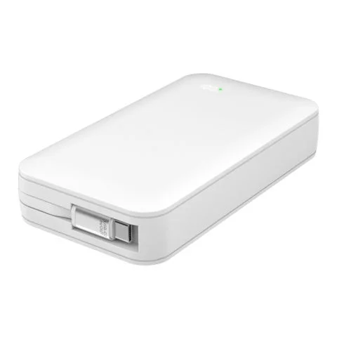 ホワイトカラーの準固体電池モバイルバッテリー（15000mAh）本体の斜めからの外観