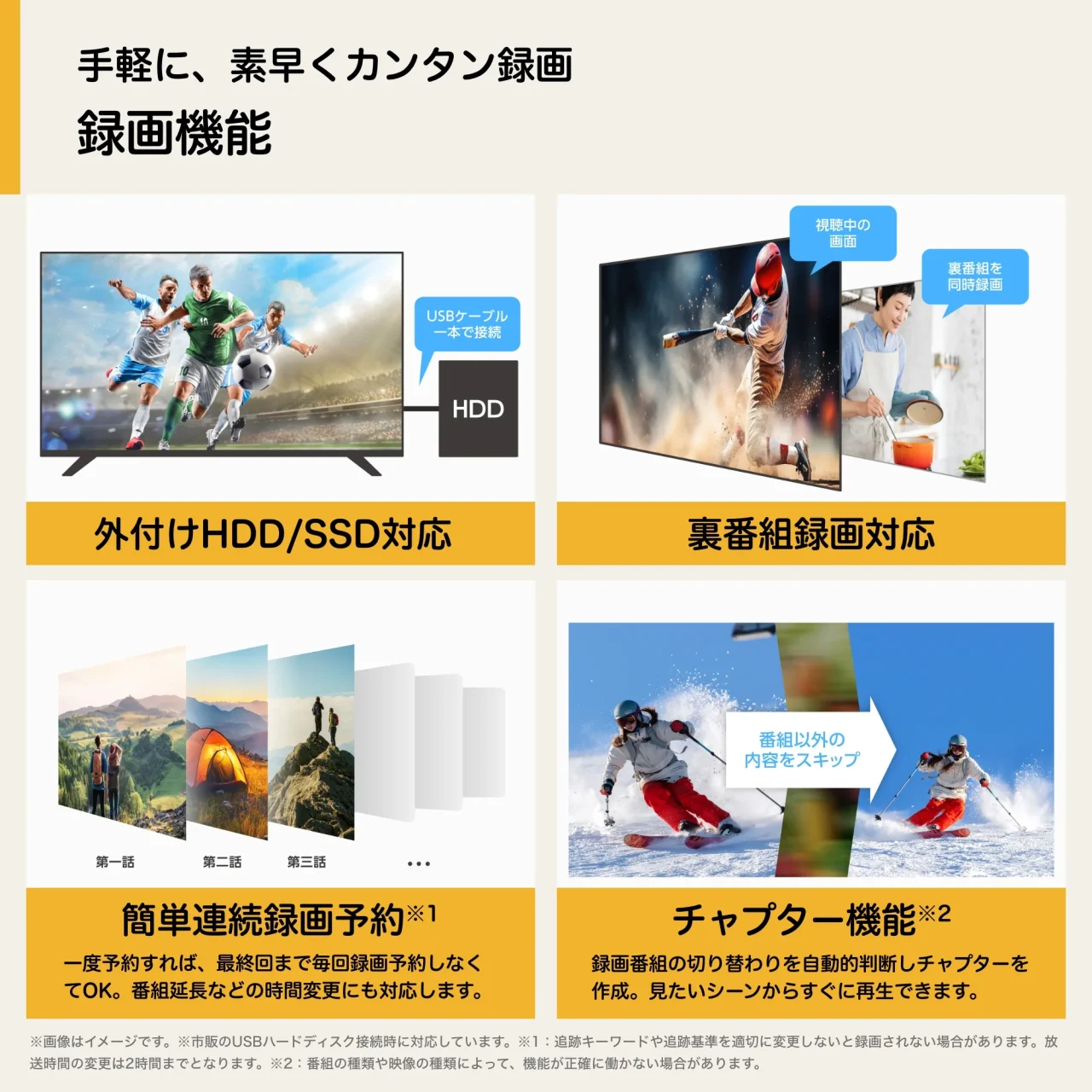 外付けHDD対応や裏番組録画などの録画機能