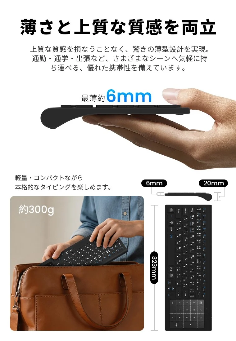 約6mmの薄型設計とバッグへの収納例