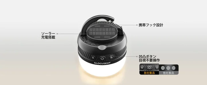 ランタンのソーラー充電機能、フック、操作ボタンの解説図