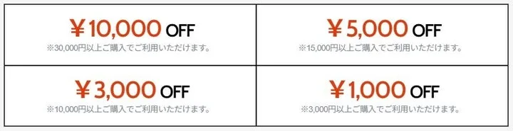 購入金額に応じた割引額が記載されたクーポン表。最大10,000円OFFから1,000円OFFまでを表