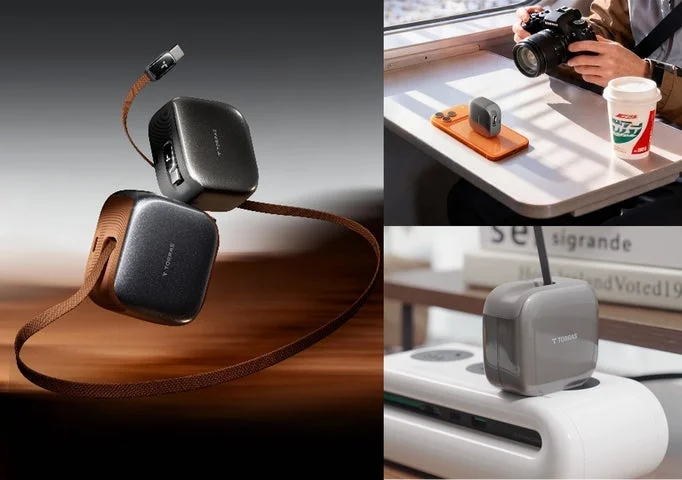 チタン・グレーカラーのFlexLine Pro本体と引き出された編み込みUSB-Cケーブル