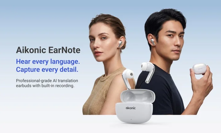 男女のモデルがAikonic EarNoteを装着し、製品のコンセプトが表示されている