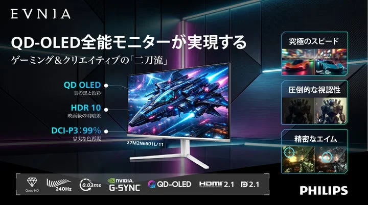 PHILIPS EVNIA QD-OLEDモニターの製品特長と主要スペックを表示した画像