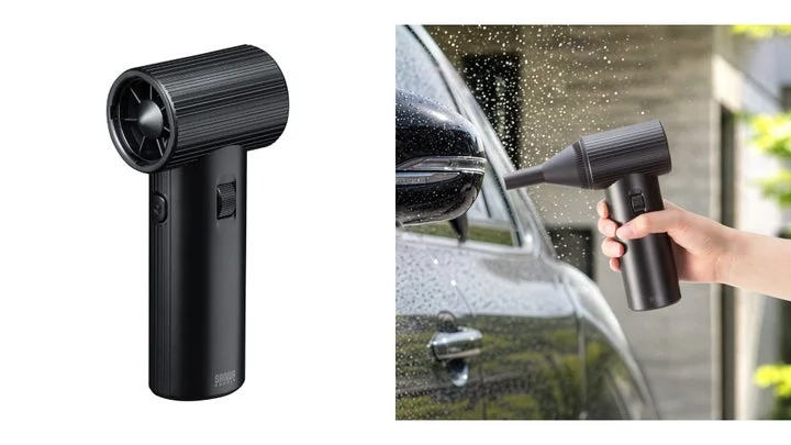 電動エアダスター本体の全体像と、洗車後の水滴を吹き飛ばしている利用シーン