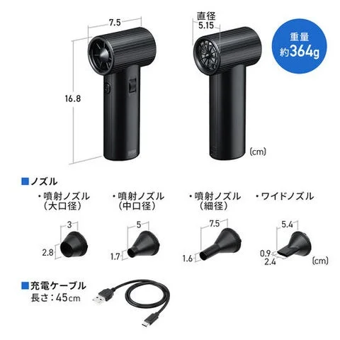 製品本体の各部寸法と付属ノズル・ケーブルの仕様図