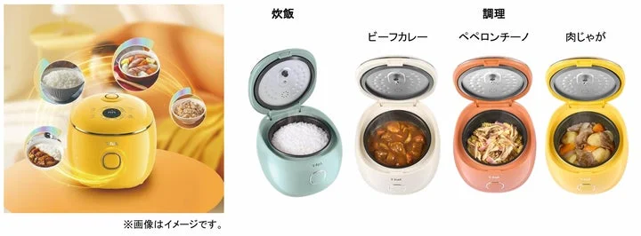 調理中の炊飯器とビーフカレー、ペペロンチーノ、肉じゃがの調理例