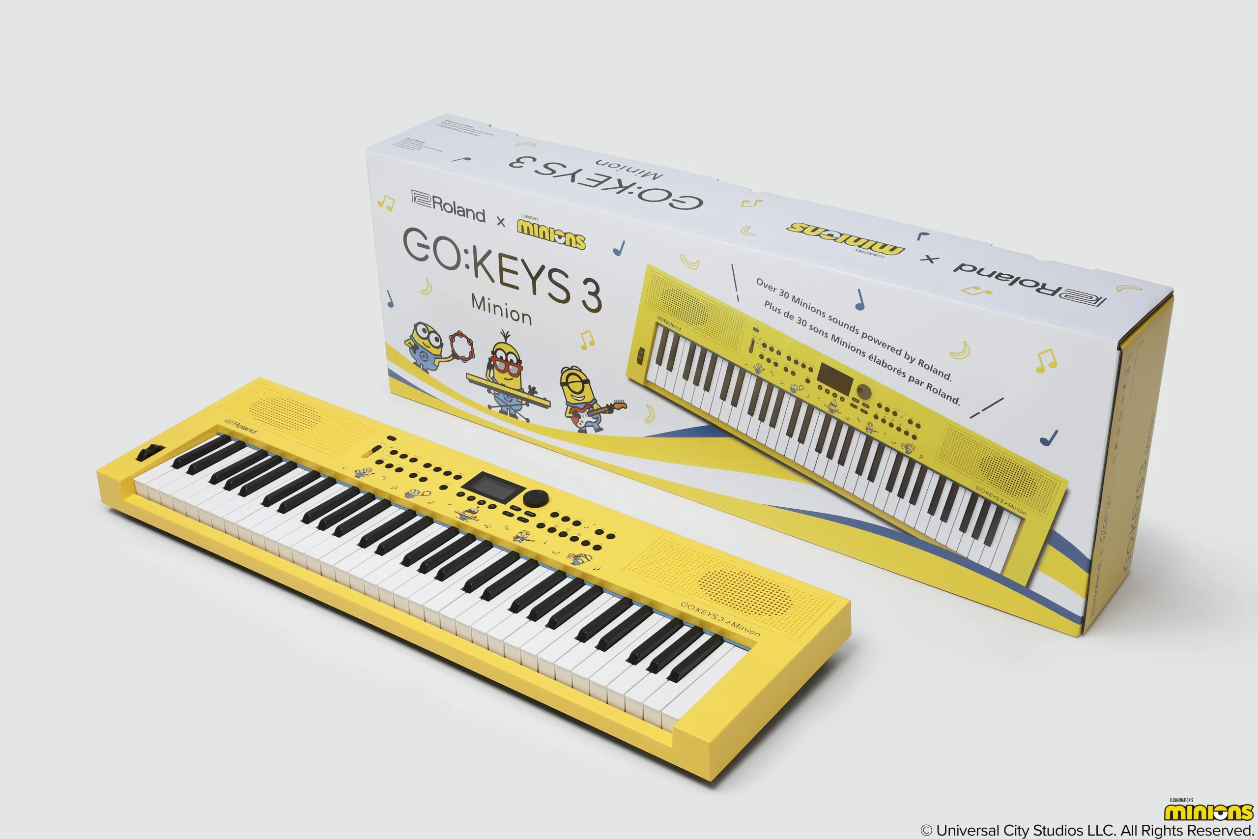 ミニオンとコラボした黄色いポータブル・キーボード『GO:KEYS 3 Minion』とパッケージ