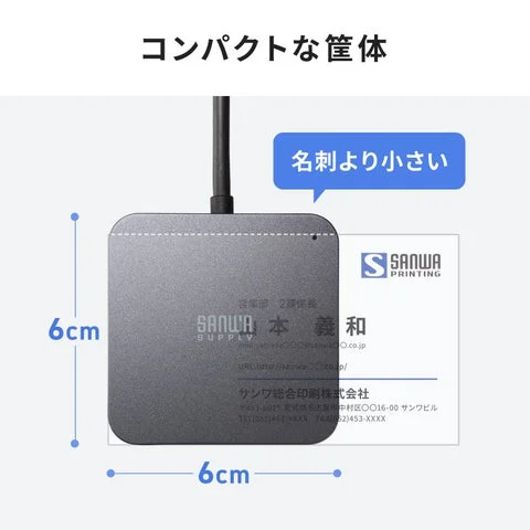 名刺と並べたハブのサイズ比較画像
