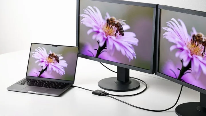 ノートPCと2台の外部ディスプレイを接続したデスク環境の様子