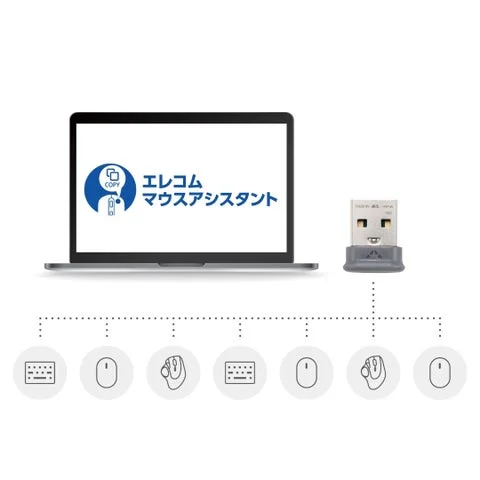 パソコン画面のエレコム マウスアシスタントとUSBレシーバーの接続図