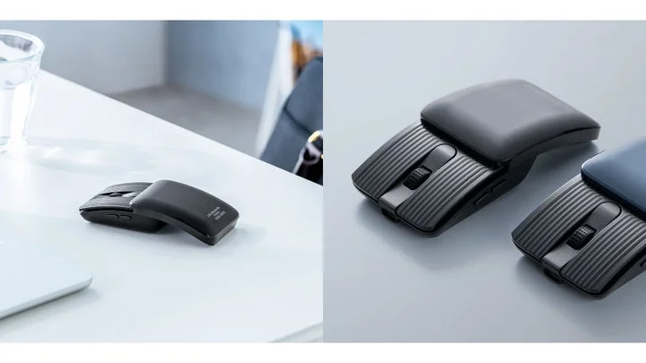 デスク上のブラックとブルーの薄型ワイヤレスマウス