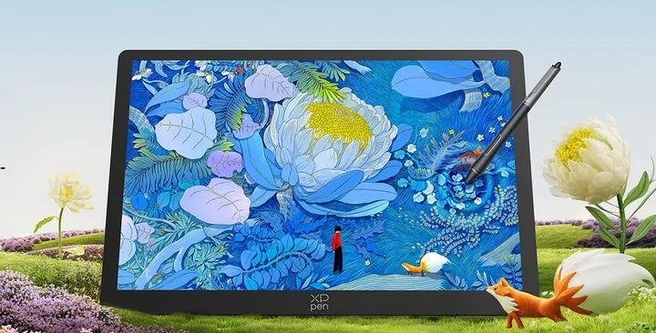 有機ELディスプレイに描かれた鮮やかな花のイラストとスタイラスペン