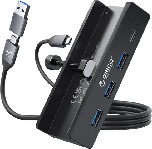 ORICOのクランプ固定式USB-Cハブ本体と接続ケーブル