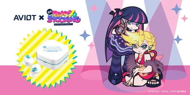 コラボイヤホンと『パンティ＆ストッキング』のキャラクターが描かれた告知ビジュアル