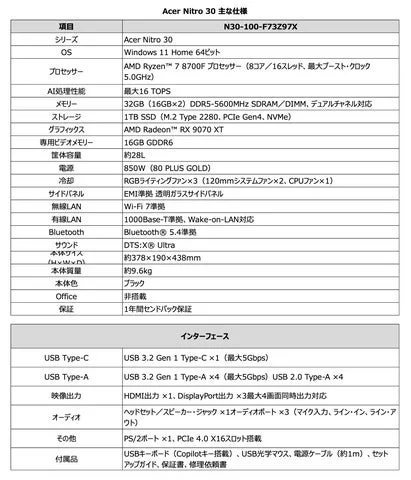 Acer Nitro 30の主要スペックが記載された仕様表