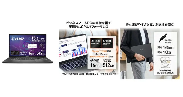 MSI Modern A15 ビジネスノートPCの製品画像とパフォーマンス表示