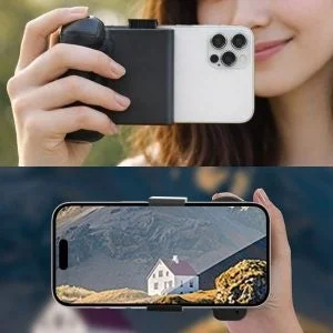 スマートフォンを装着したワンハンドシャッターの背面と、撮影中の画面表示