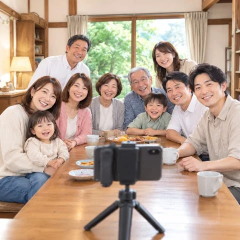 三脚に固定されたワンハンドシャッターで集合写真を撮影する様子
