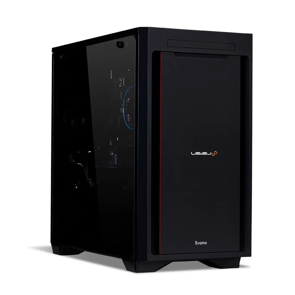黒いタワー型デスクトップPC本体の側面と正面