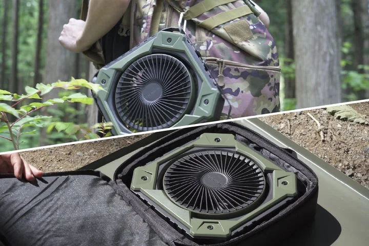 リュックに吊り下げた様子と、専用バッグに収納した状態のGEAR MISSION FAN