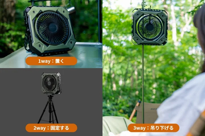 置く、固定する、吊り下げるという3通りの設置方法を示す画像